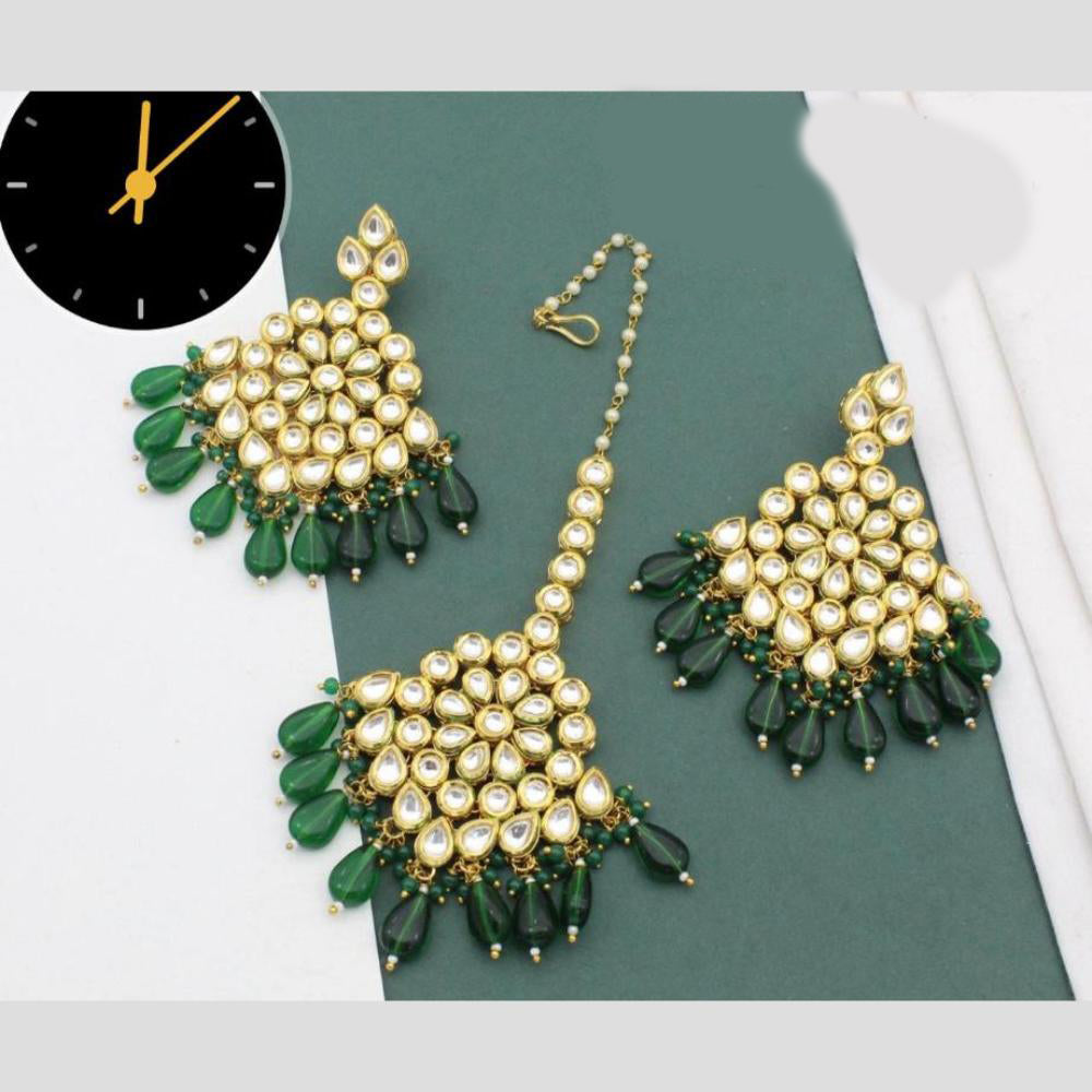 Manisha Jewellery Gold Plated Kundan Stone And Beads Earrings With Maangtikka