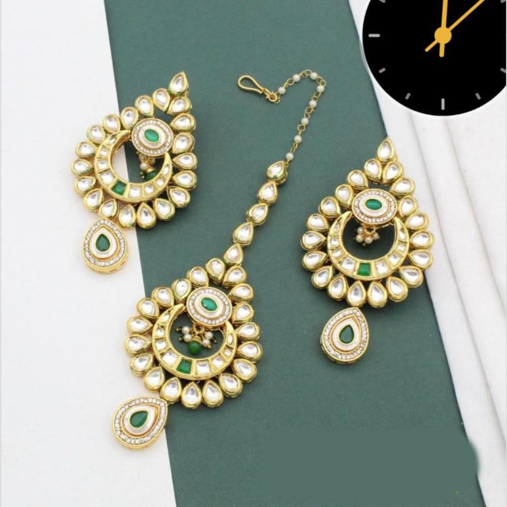 Manisha Jewellery Gold Plated Kundan Stone And Beads Earrings With Maangtikka