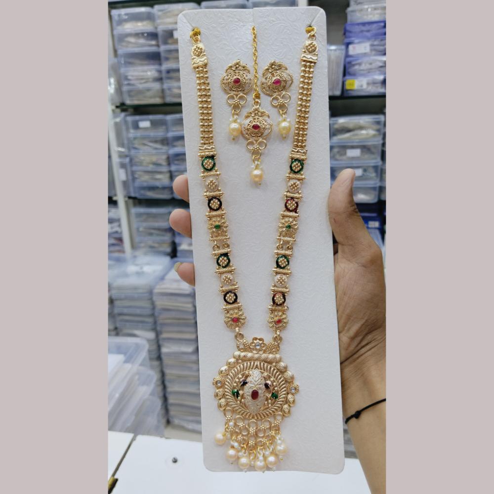 Manisha Jewellery Gold Plated Kundan Stone And Pearls Meenakari Long Necklace Set