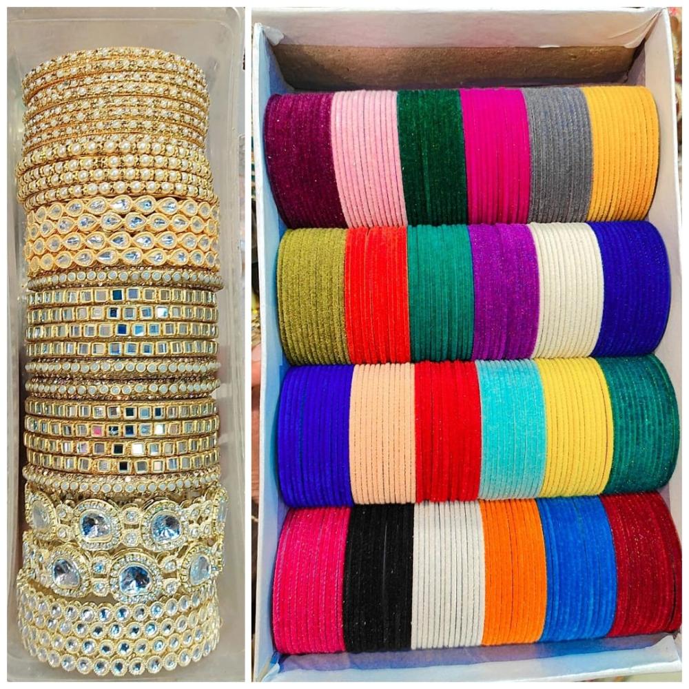 Manisha Jewellery Gold Plated Mirror And Pearl Velvet Bangles Set