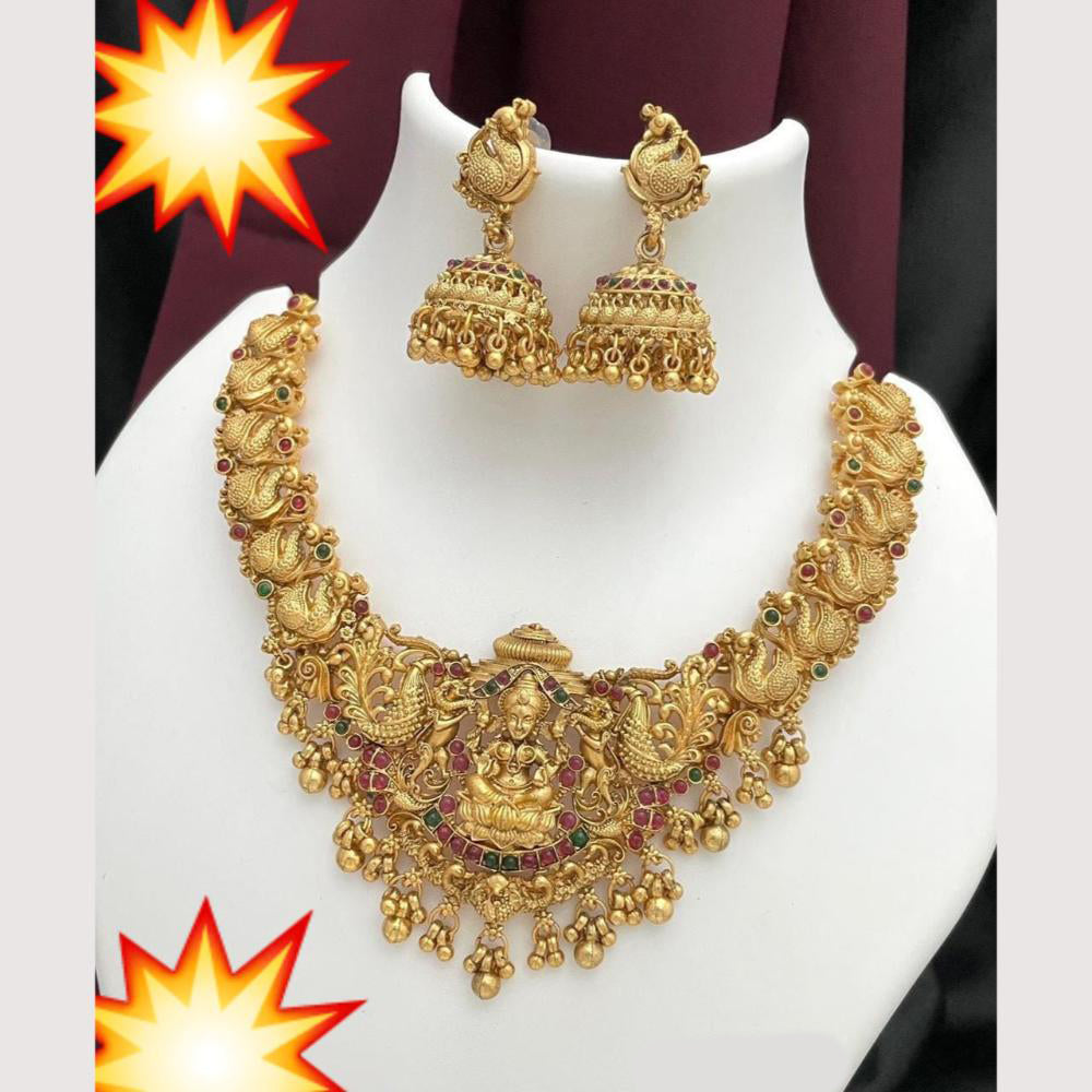 Manisha Jewellery Antique Adorned Pota Stone And Pearls Temple Necklace Set 