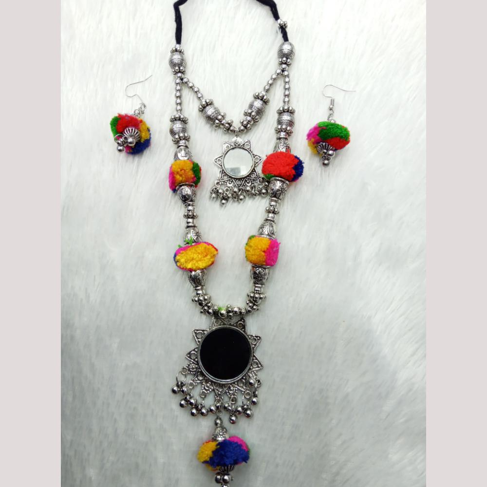 Manisha Jewellery Boho Oxidised Mirror And Pom Pom Long Oxidised Necklace Set
