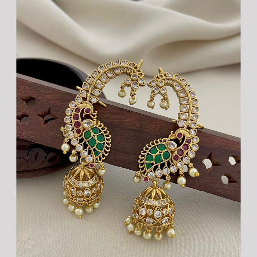 Manisha Jewellery Trendy Peacock Motif Earcuff Jhumki Earrings With Pota Stone And Pearl Drops 