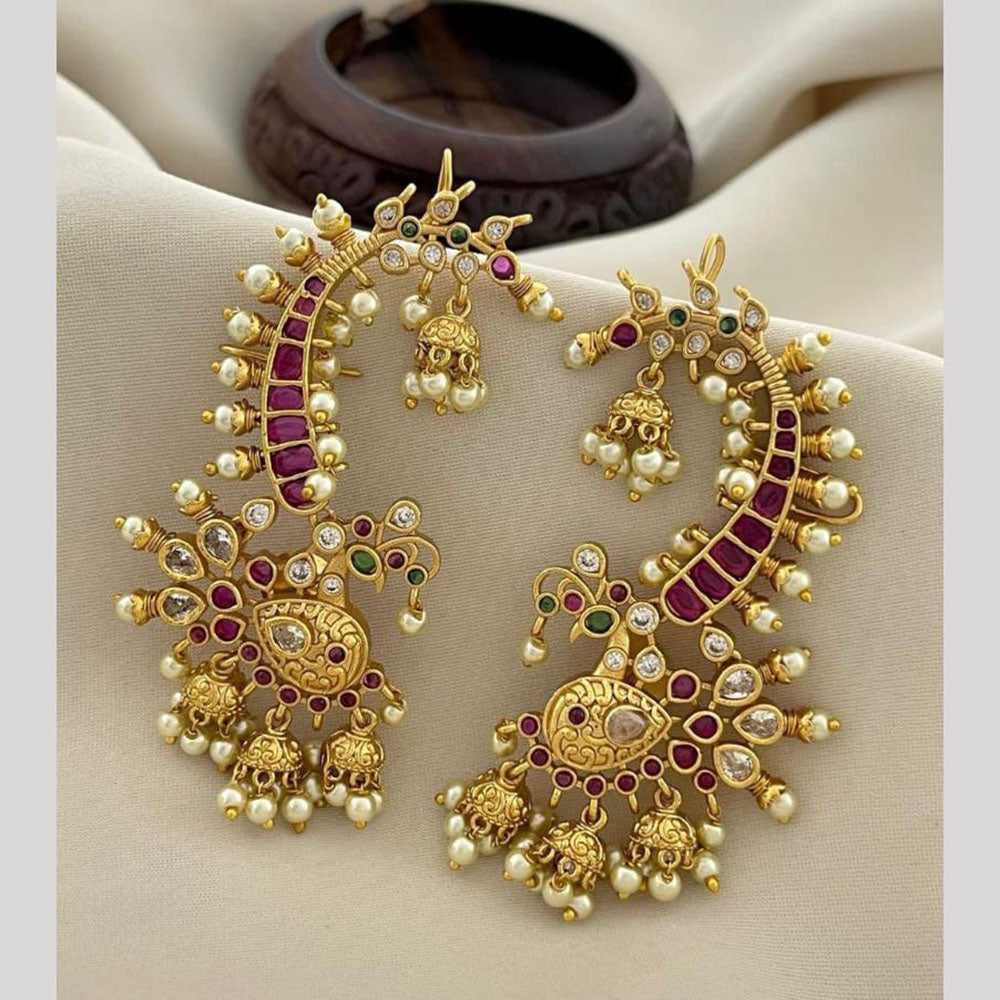 Manisha Jewellery Trendy Peacock Motif Earcuff Jhumki Earrings With Pota Stone And Pearl Drops 