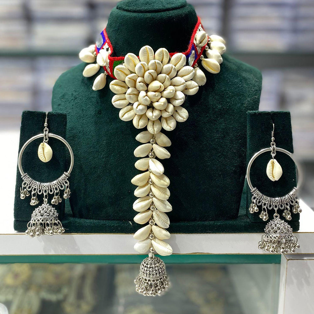 Manisha Jewellery Handcrafted Cowrie Shell Necklace Set with Rhodium Plated Jhumkis Earrings