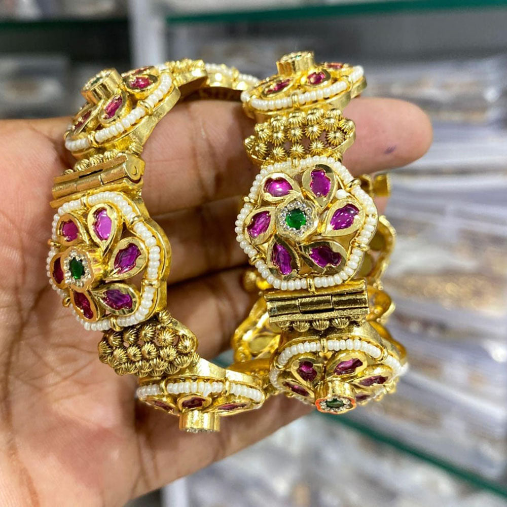 Manisha Jewellery Gold Plated Pota Stone And Pearl Openable Bangles Set
