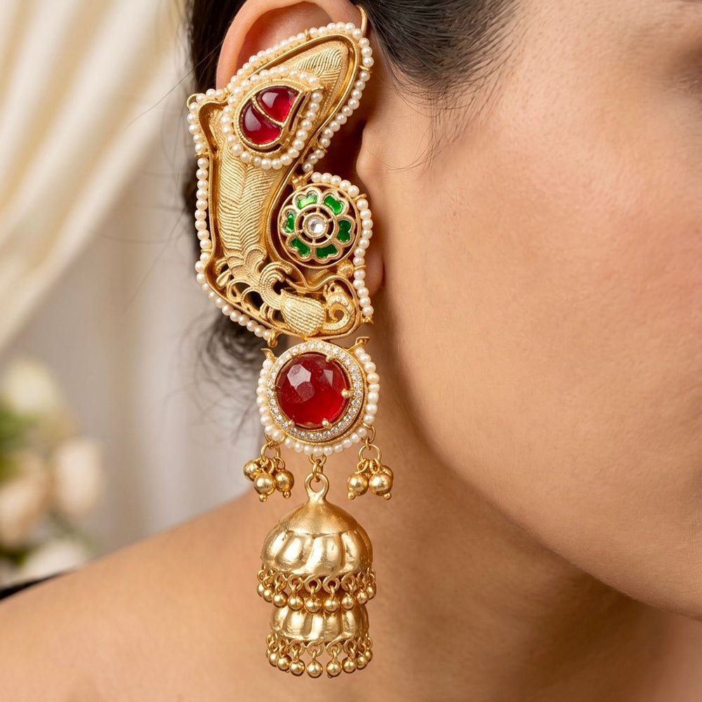 Manisha Jewellery Designer Earcuff Jhumki Earrings With Sparkling Pota Stone And Pearl