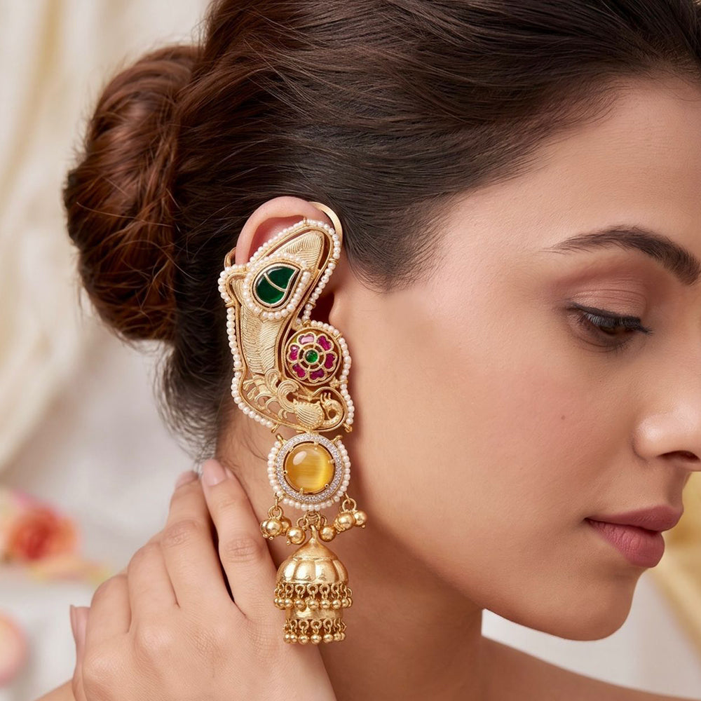 Manisha Jewellery Designer Earcuff Jhumki Earrings With Sparkling Pota Stone And Pearl