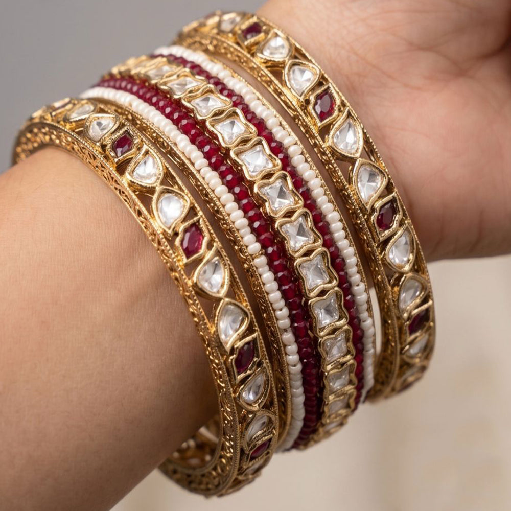 Manisha Jewellery Grand Polki Kundan Stone Classic Pearl Bangles Set 