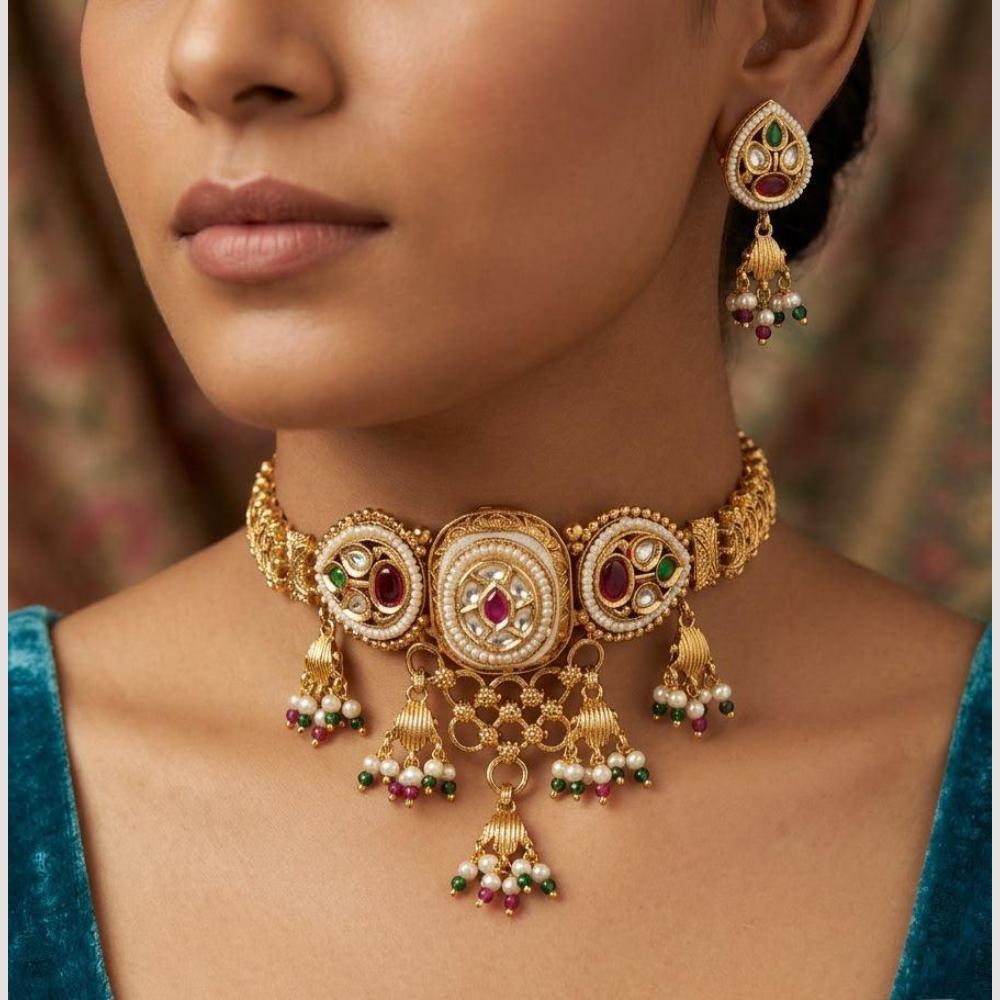 Manisha Jewellery Premium Pota Stone And Pearl Choker Necklace Set