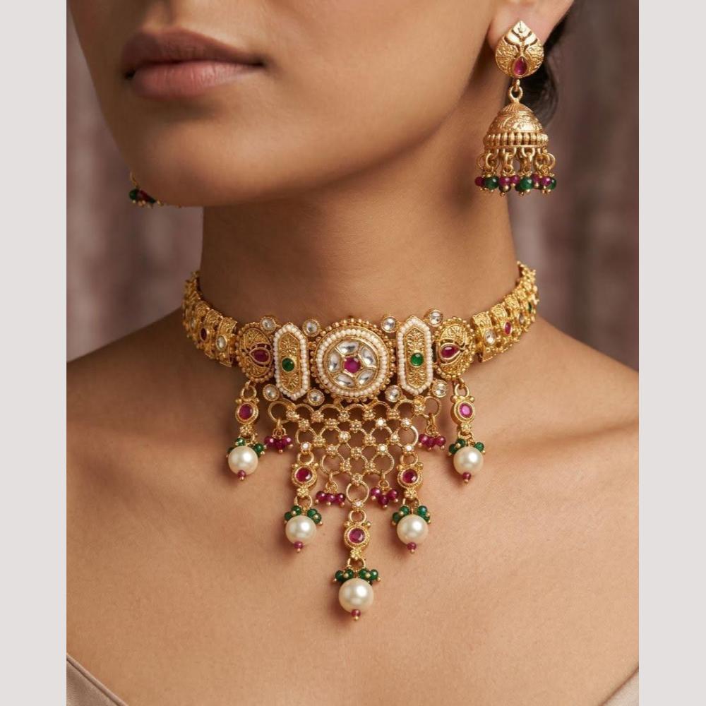 Manisha Jewellery Premium Pota Stone And Pearl Choker Necklace Set