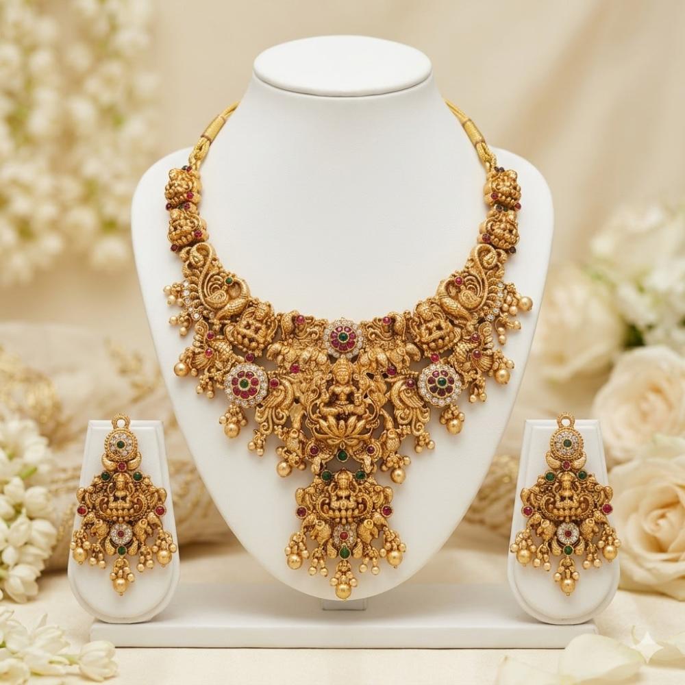 Manisha Jewellery Premium Austrian Stone And Pearl Temple Necklace Set