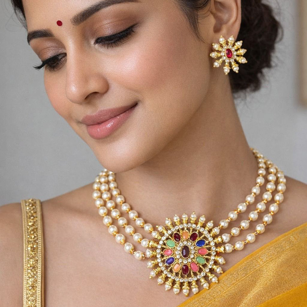 Manisha Jewellery Premium Pota Stone And Pearl Choker Necklace Set