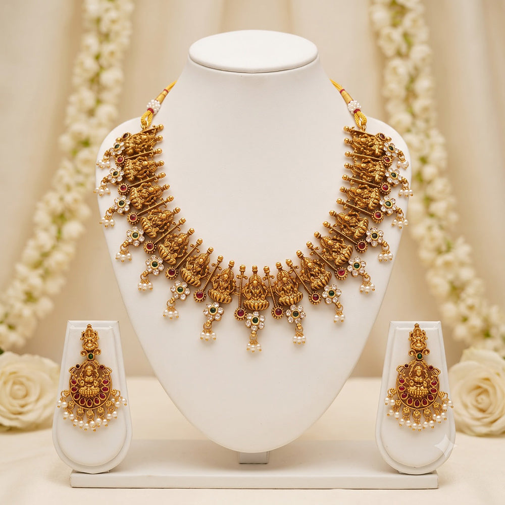 Manisha Jewellery Gorgeous Pota Stone And Pearl South Indian Temple Necklace Set
