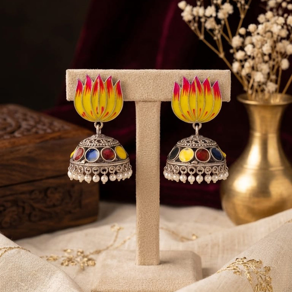 Manisha Jewellery Premium Oxidised Plated Pota Stone And Pearl Meenakari Jhumki Earrings