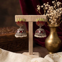Manisha Jewellery Premium Oxidised Plated Pota Stone And Pearl Meenakari Jhumki Earrings