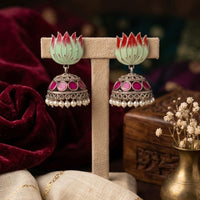 Manisha Jewellery Premium Oxidised Plated Pota Stone And Pearl Meenakari Jhumki Earrings  