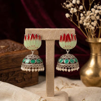 Manisha Jewellery Premium Oxidised Plated Pota Stone And Pearl Meenakari Jhumki Earrings  
