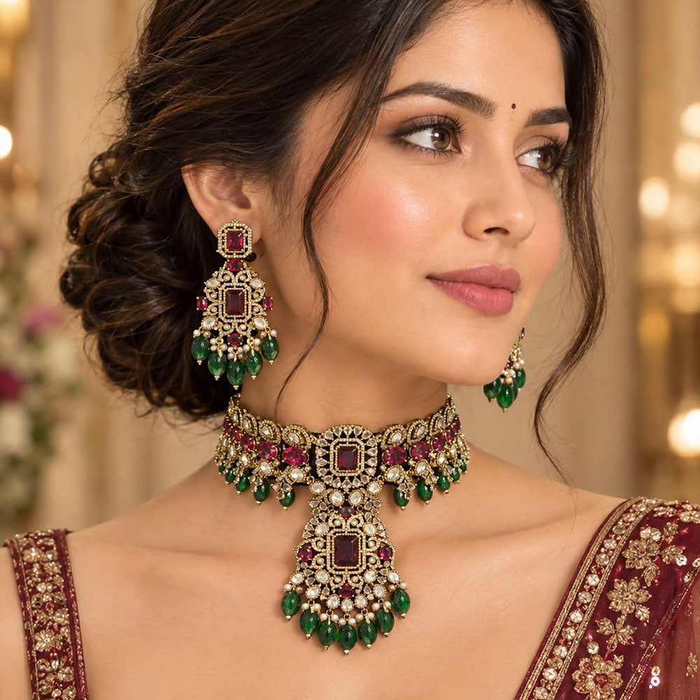 Manisha Jewellery Premium Pota Stone And Beads Choker Necklace Set