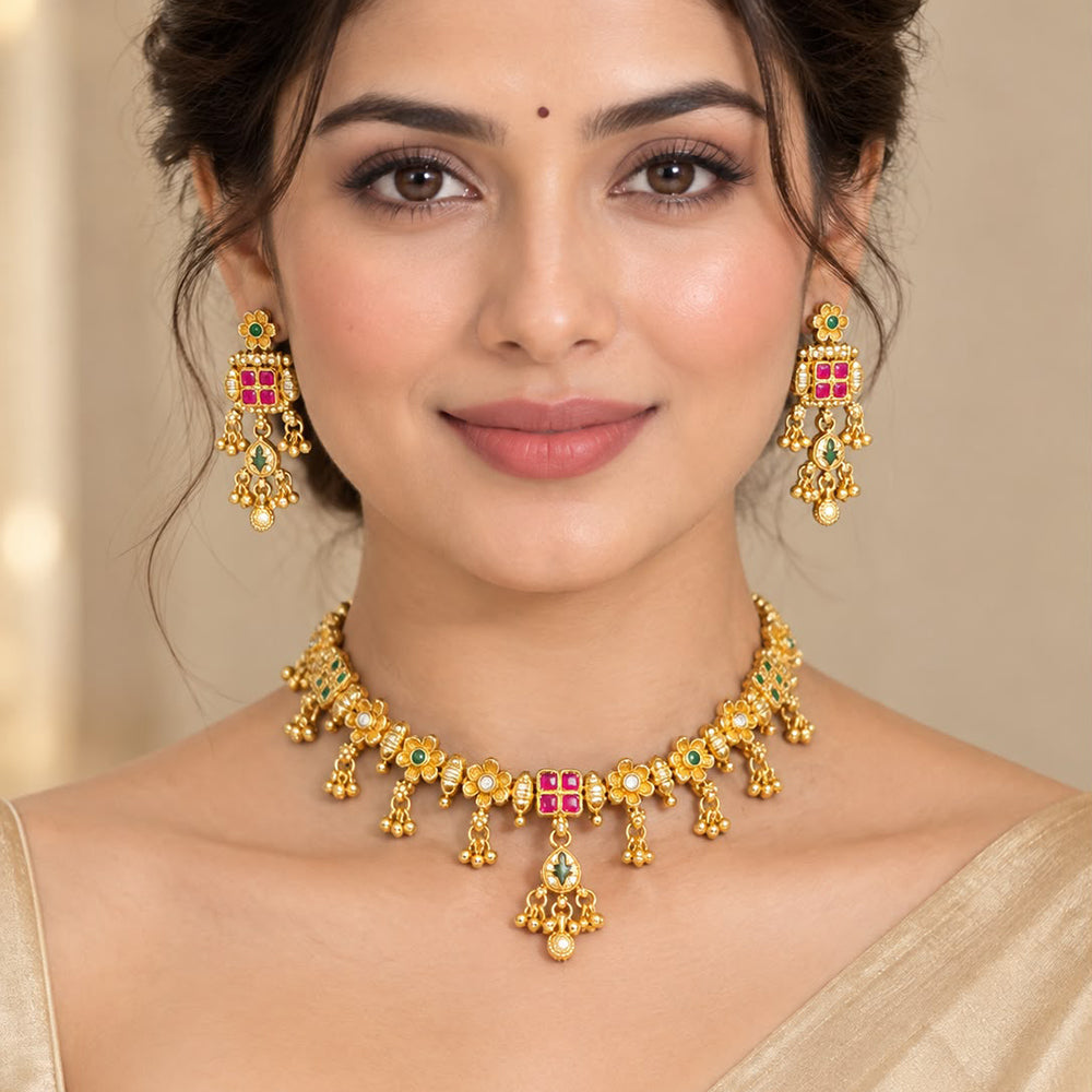 Manisha Jewellery Classic Pota Stone And Pearl Choker Necklace Set
