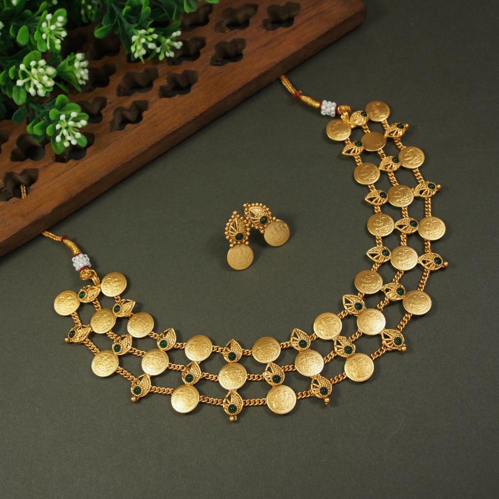 Lucentarts Jewellery Antique Gold Finish Necklace set With Goddess laxmi on it