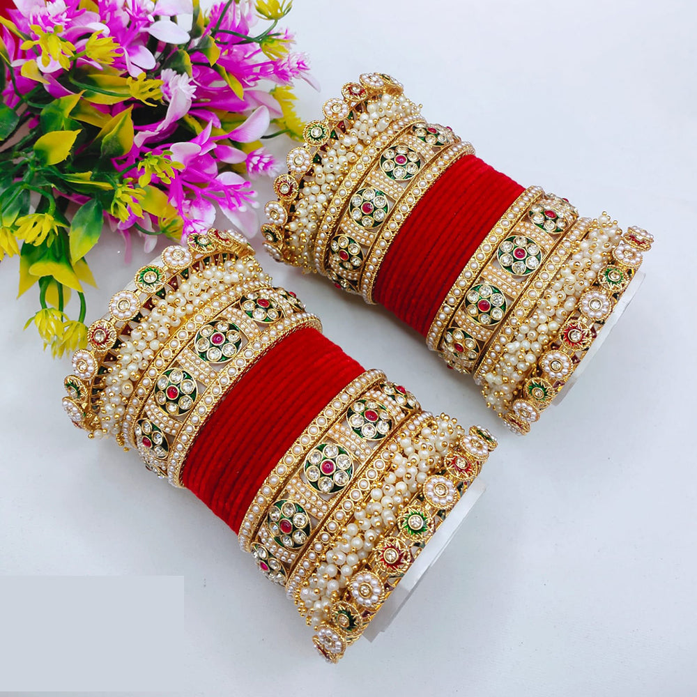 Lucentarts Jewellery Bridal Pota And Pearl Velvet Bangles Set