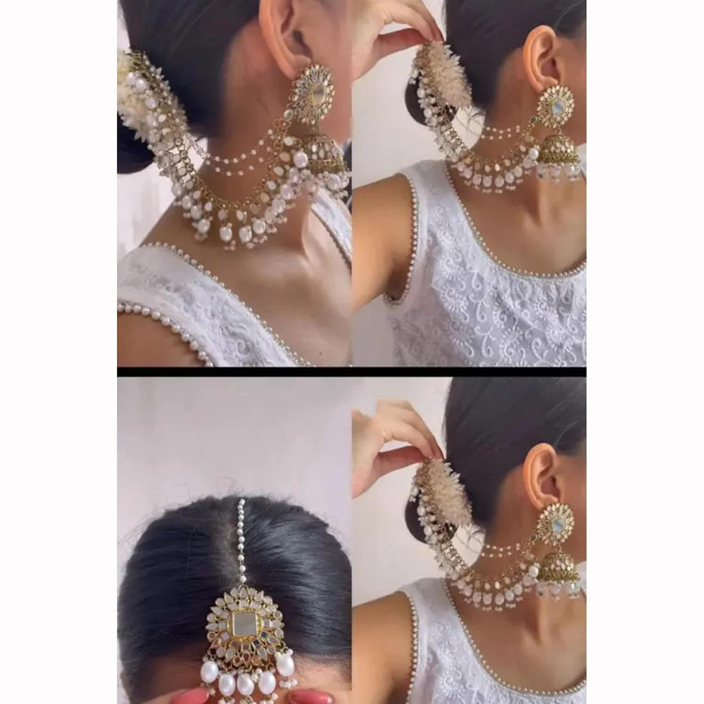 Lucentarts Jewellery Elegant Mirror Pearl And Beads Jhumki Earrings With Maangtikka
