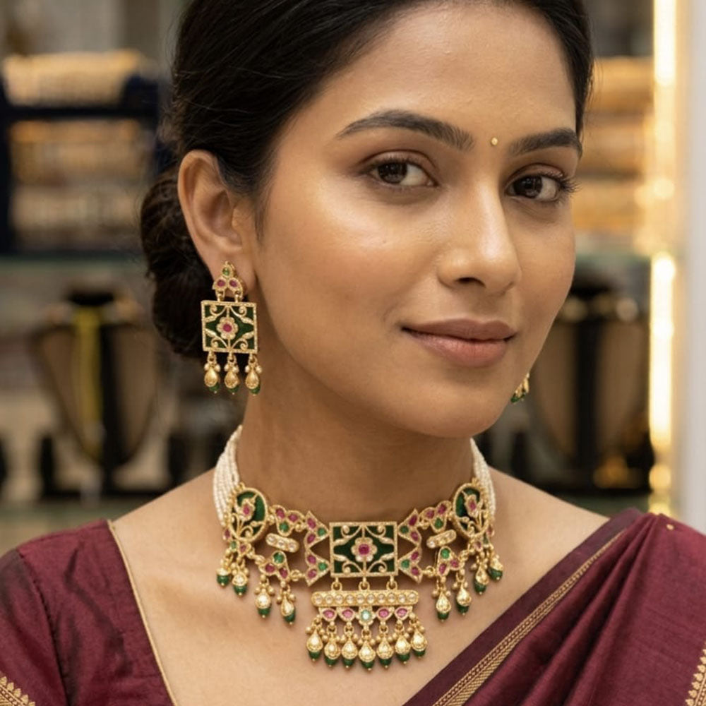 Lucentarts Jewellery Heritage Pota Stone And Pearl Choker Necklace Set