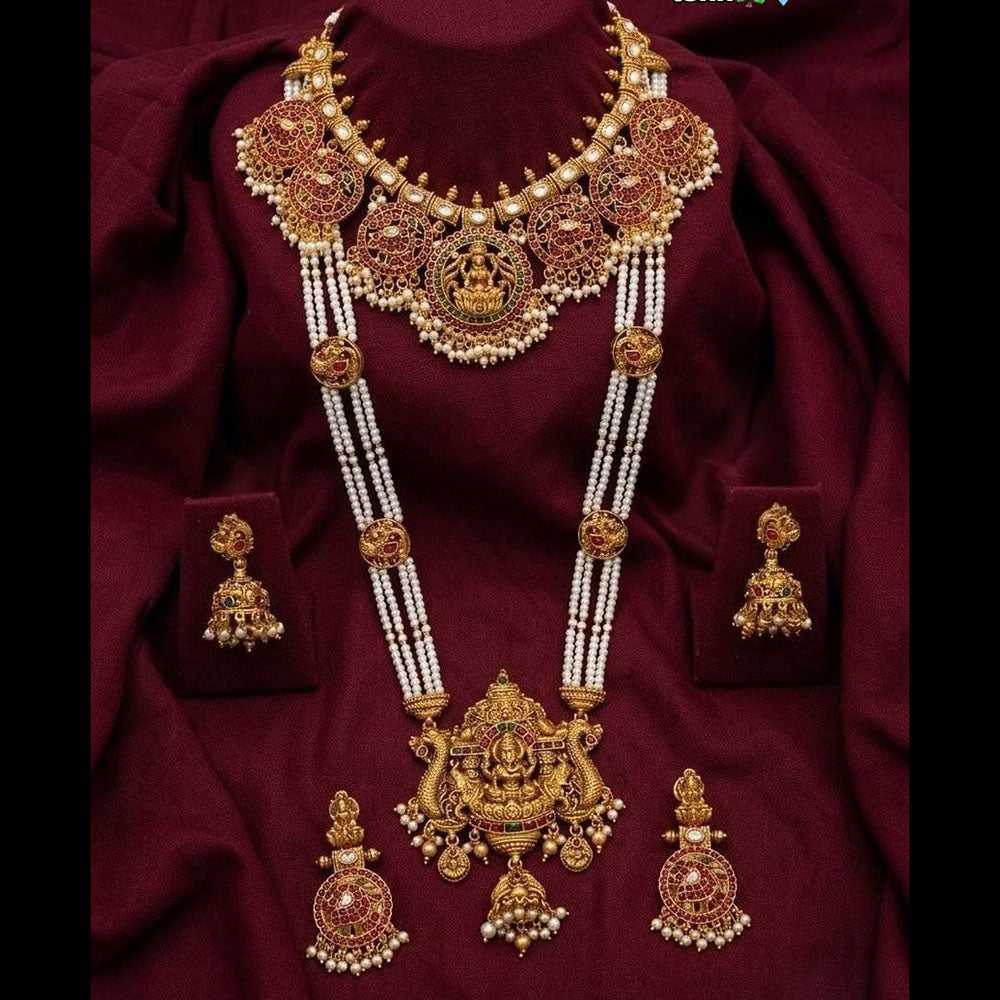 Lucentarts Jewellery Royal Look Pota Stone And Pearl Temple Double Necklace Set