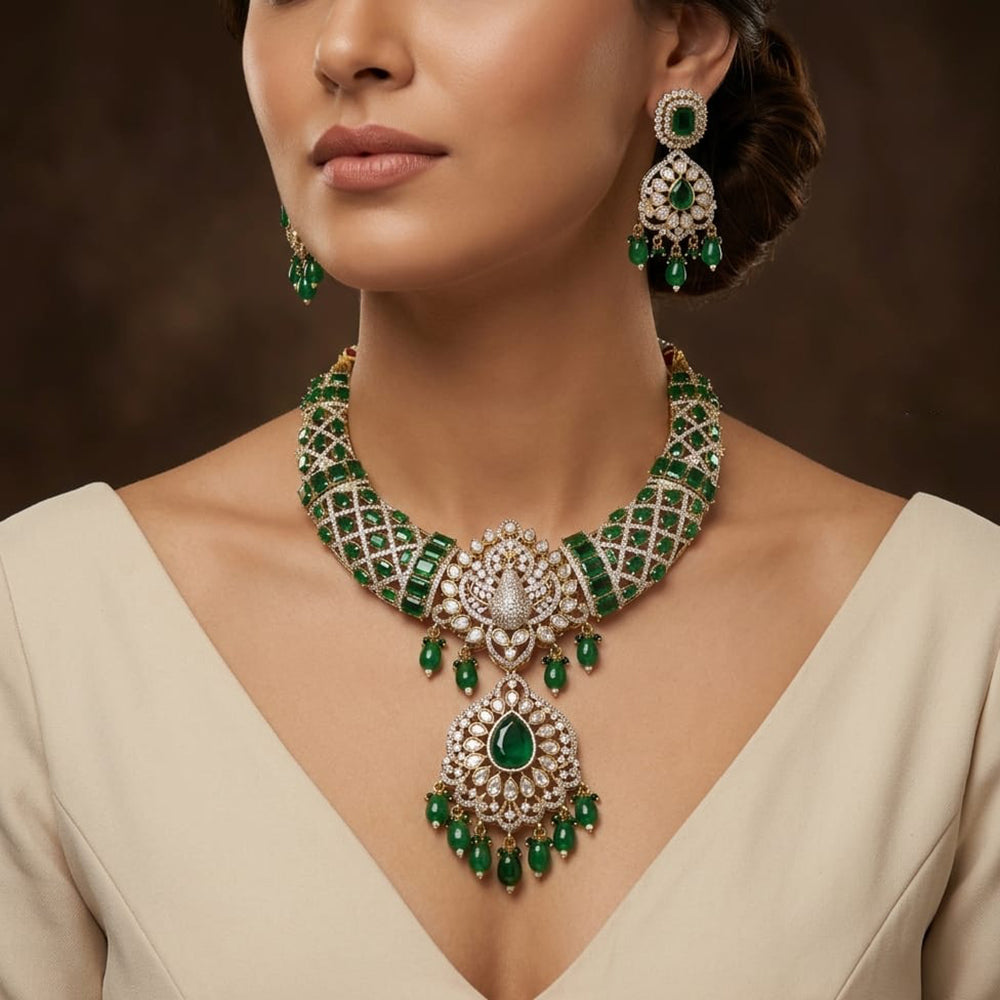 Lucentarts Jewellery Pota Stone Crystal Stone Pearl And Beads Peacock Style Choker Necklace Set