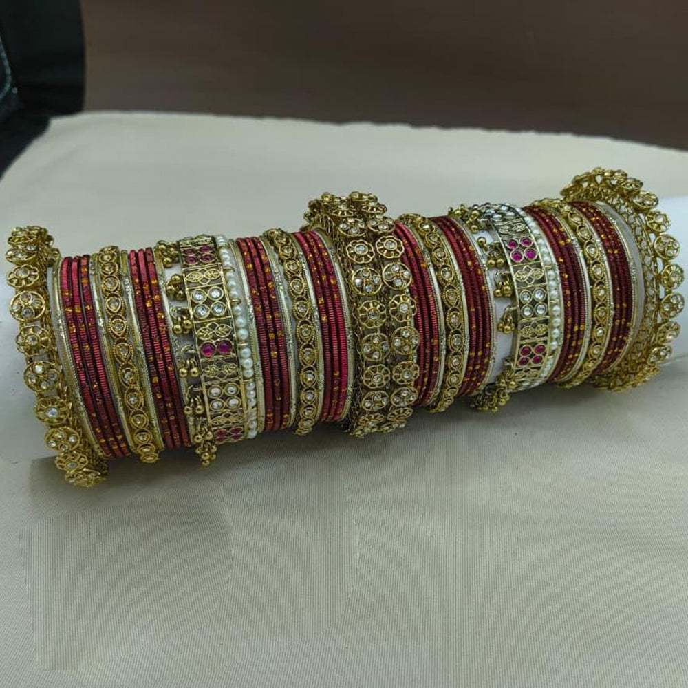 Lucentarts Jewellery Gold Plated Crystal Stone Pearl Bangles Set