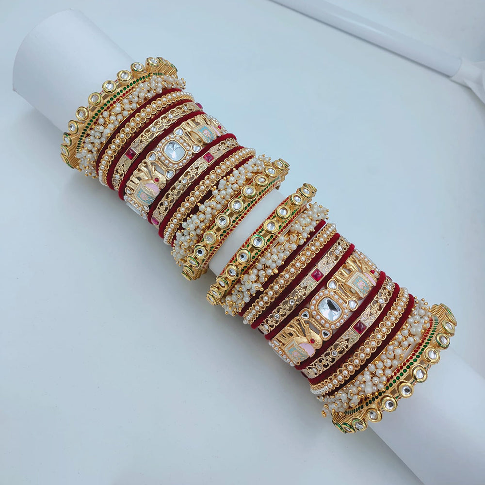 Lucentarts Jewellery Sparkling Kundan Stone And Meenakari Velvet Chuda Bangles Set