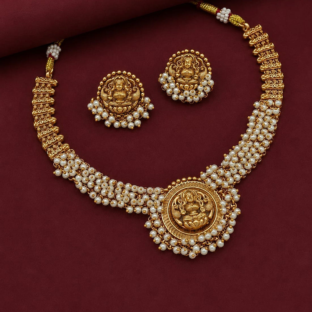 Lucentarts Jewellery Gold Plated White Pearl Temple Necklace Set