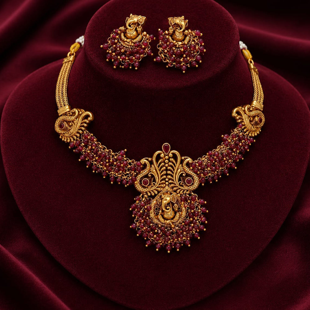 Lucentarts Jewellery Gold Plated Pink  Pearl Ganesha Necklace Set