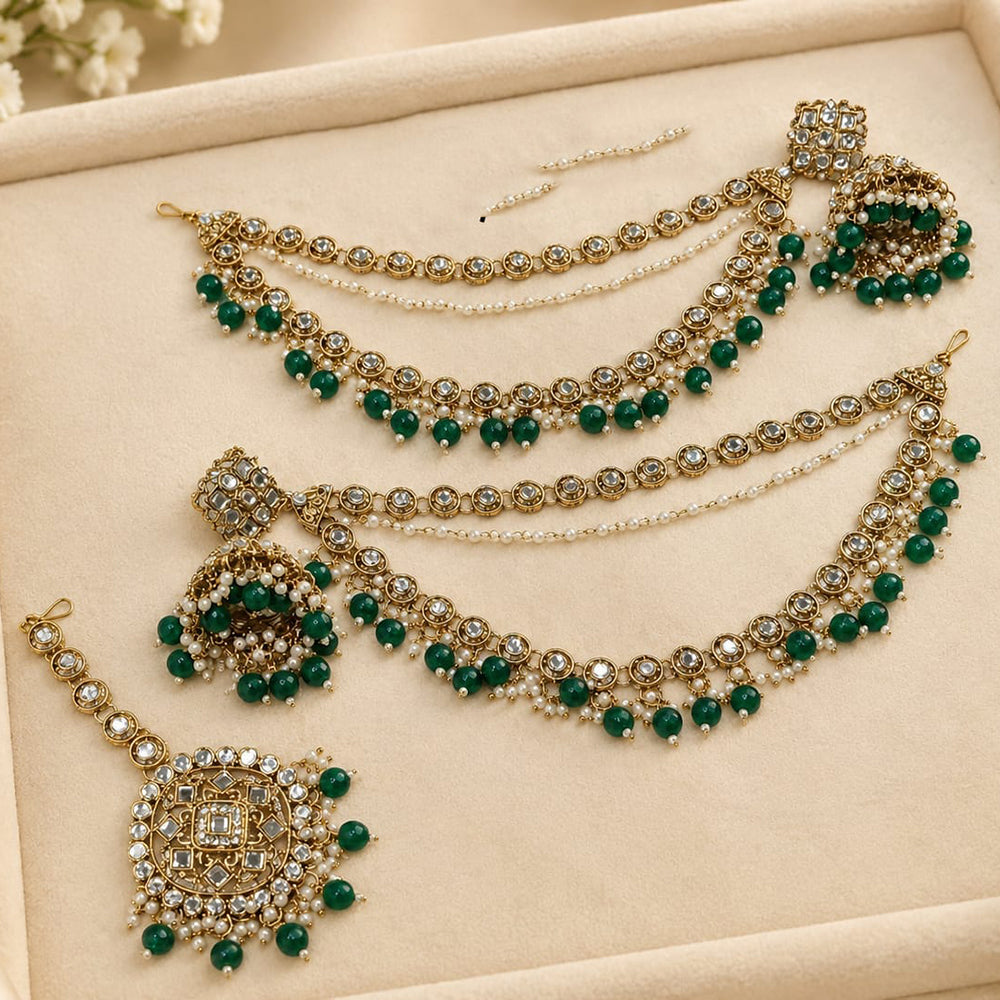 Lucentarts Jewellery Elegant Kundan Stone And Beads Jhumki Earrings With Maangtikka
