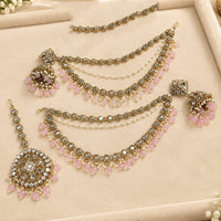 Lucentarts Jewellery Elegant Kundan Stone And Beads Jhumki Earrings With Maangtikka