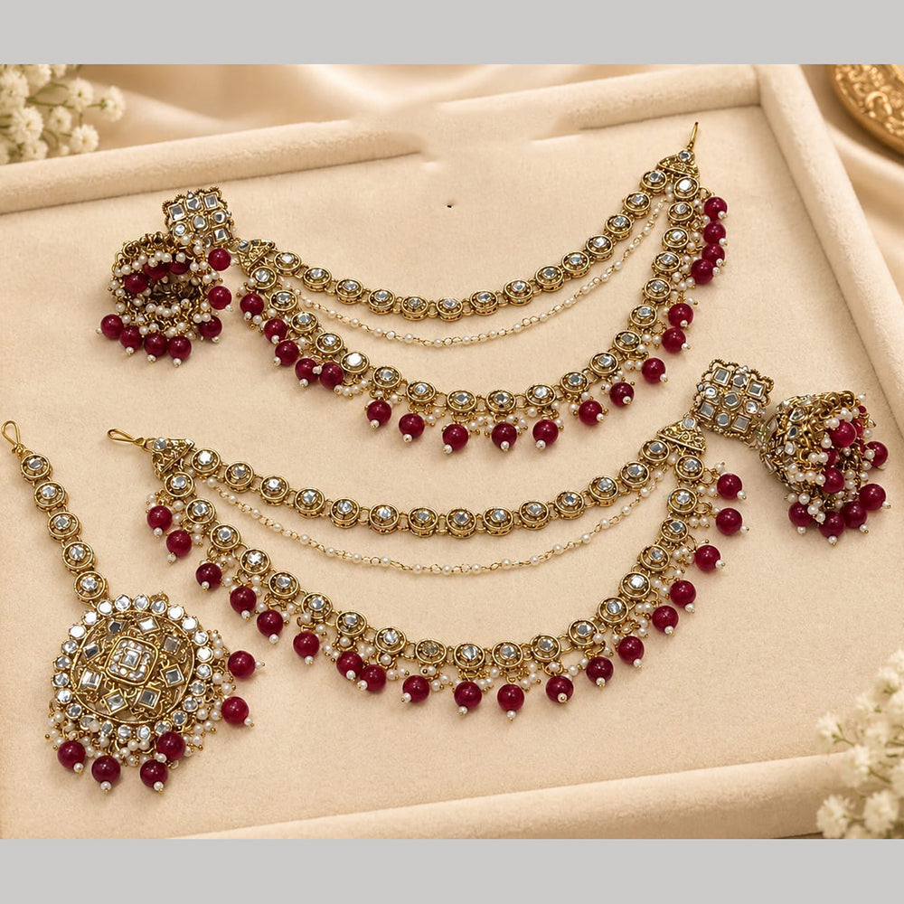 Lucentarts Jewellery Elegant Kundan Stone And Beads Jhumki Earrings With Maangtikka