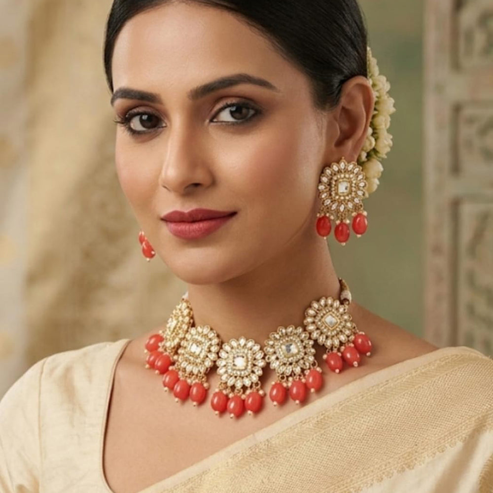 Sai Fashion Elegant Kundan Stone And Beads Choker Necklace Set