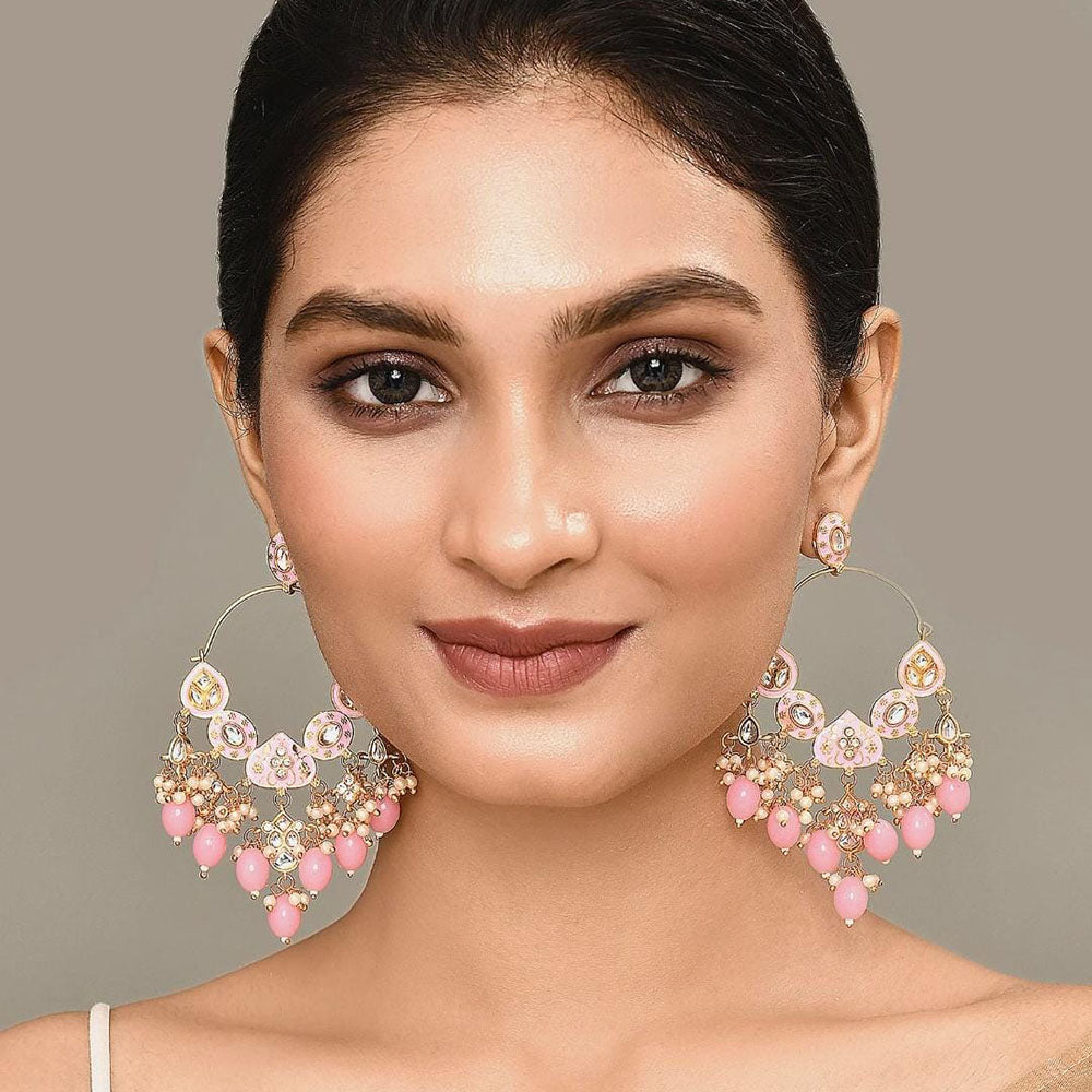 Shagna Graceful Kundan Stone And Beads Meenakari Traditional Drop Earrings