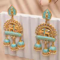Shagna Graceful Kundan Stone And Beads Meenakari Jhumki Earrings