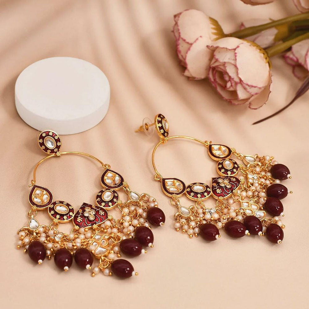 Shagna Graceful Kundan Stone And Beads Meenakari Traditional Drop Earrings