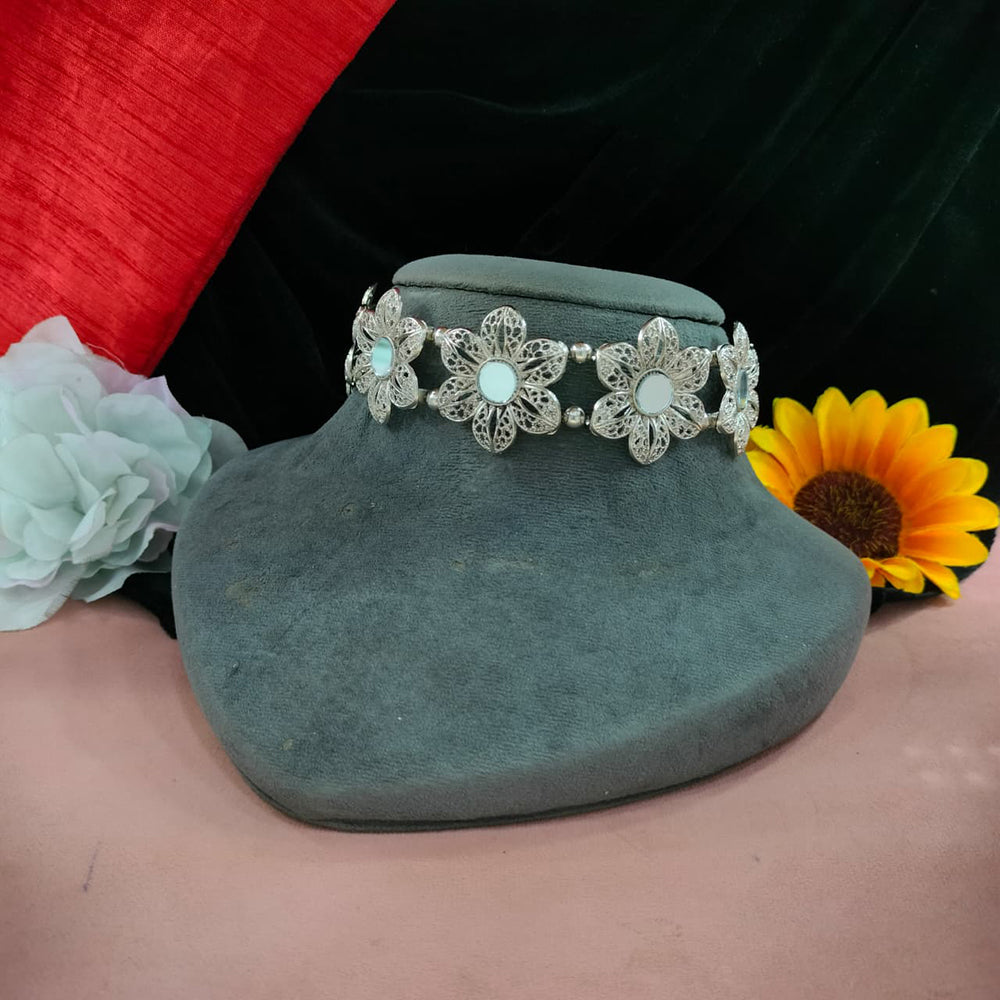 Blythediva Oxidised Vintage Style Flower Pearl Mirror Choker Necklace