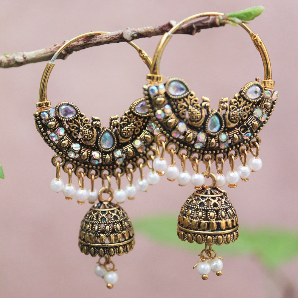 H K Fashion Gold Plated Crystal Stone & Pearls Bali Earrings