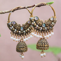 H K Fashion Gold Plated Crystal Stone & Pearls Bali Earrings
