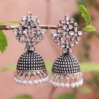 H K Fashion Oxidised Plated Austrian Stone And Beads Jhumki Earrings