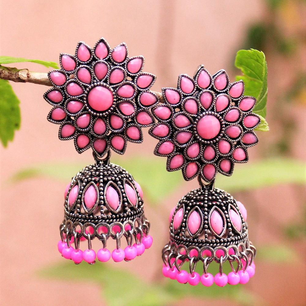 H K Fashion Oxidised Plated Pota Stone And Beads Jhumki Earrings