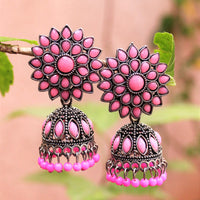 H K Fashion Oxidised Plated Pota Stone And Beads Jhumki Earrings