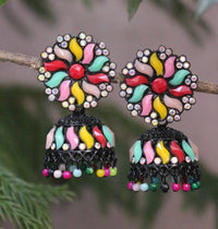 H K Fashion Black Polish Crystal Stone And Pearls Jhumki Earrings
