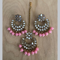 India Art Gold Plated Mirror Earrings With Mangtikka