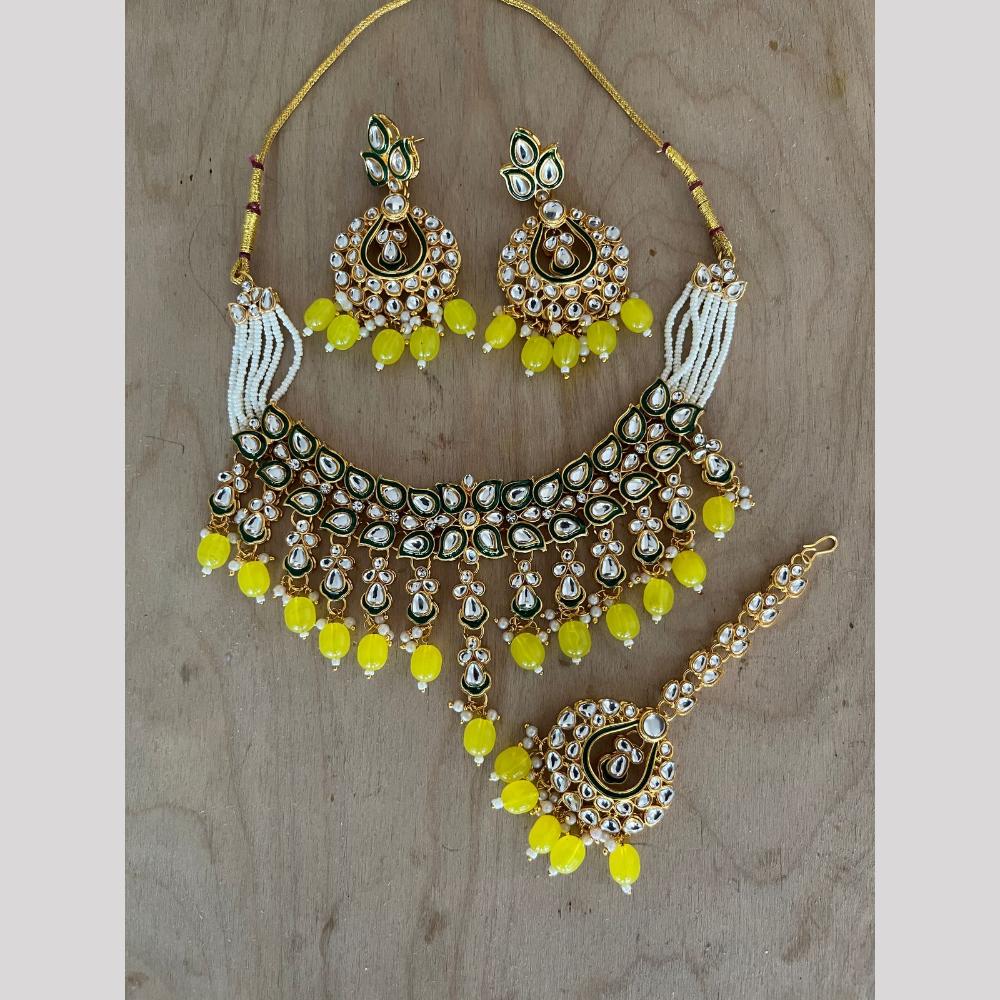 India Art Gold Plated Kundan Stone And Beads Meenakari Choker Necklace Set